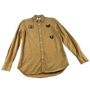 Topman Topshop Button Down Shirt Men S Tan Military Patches Collared Long Sleeve
